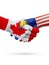 Flags Canada, Malaysia countries, partnership friendship handshake concept.