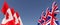 Flags of Canada and the United Kingdom on flagpoles on sides on a blue background. Place for text. Six flags. Ottawa, maple. Great