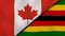 The flags of Canada and Zimbabwe. News, reportage, business background. 3d illustration