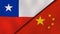 The flags of Chile and China. News, reportage, business background. 3d illustration