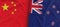 Flags of China and New Zealand. Linen flag close-up. Flag made of canvas. Chinese flag. Beijing. Wellington. State national