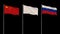 Flags of China, Russia and white flag waving on transparent background, 4k footage with alpha channel