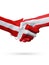Flags Denmark, Austria countries, partnership friendship handshake concept.