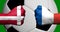 Flags of Denmark and France painted on two clenched fists facing each other with closeup 3d soccer ball in the background/Soccer m