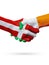 Flags Denmark, Ireland countries, partnership friendship handshake concept.