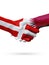 Flags Denmark, Qatar countries, partnership friendship handshake concept.