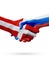 Flags Denmark, Russia countries, partnership friendship handshake concept.