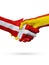 Flags Denmark, Spain countries, partnership friendship handshake concept.