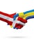 Flags Denmark, Sweden countries, partnership friendship handshake concept.