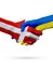 Flags Denmark, Ukraine countries, partnership friendship handshake concept.