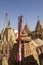 Flags and detail reliefs on rooftops of Jain temple in Jaisalmer, India