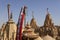 Flags and detail reliefs on rooftops of Jain temple in Jaisalmer, India