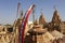 Flags and detail reliefs on rooftops of Jain temple in Jaisalmer, India