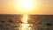 Flags develop in the wind against the background of the sea on the beach during sunset. Sea Waves Landscape