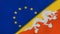 The flags of European Union and Bhutan. News, reportage, business background. 3d illustration