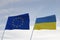Flags of EUROPEAN UNION, EU and UKRANIE waving with cloudy blue sky background,3D rendering WAR