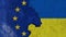 Flags of European Union and Ukraine on cracked cement of wall texture. Europe