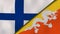 The flags of Finland and Bhutan. News, reportage, business background. 3d illustration