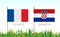 Flags of France and Croatia against the backdrop of grass football stadium. Vector