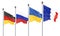 Flags of France, Germany, Russia, and Ukraine. Normandy Format meeting on eastern Ukraine