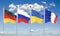 Flags of France, Germany, Russia, and Ukraine. Normandy Format meeting on eastern Ukraine. 3D illustration on sky background. â€“
