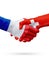 Flags France, Switzerland countries, partnership friendship handshake concept.