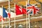 Flags of France, Switzerland and the UK on the street