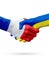 Flags France, Ukraine countries, partnership friendship handshake concept.