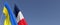 Flags of France and Ukraine on flagpoles on sides. Flags on a blue background. Place for text. Independent free Ukraine. French