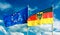 Flags of Germany Federal Republic of Germany; in German: Bundesrepublik Deutschland and European Union EU waving