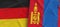 Flags of Germany and Mongolia. Linen flag close-up. Flag made of canvas. German, Berlin. Ulaanbaatar State national symbols. 3d