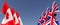 Flags of Great Britain and Canada on flagpoles on sides. Flags on a blue background. England, United Kingdom. Ottawa, Maple Leaf.