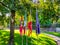 flags of Guernika, Euskadi, Spain and Europe next to the tree of Gernika, symbol of freedom