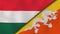 The flags of Hungary and Bhutan. News, reportage, business background. 3d illustration