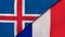 The flags of Iceland and France. News, reportage, business background. 3d illustration