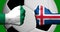 Flags of Iceland and Nigeria painted on two clenched fists facing each other with closeup 3d soccer ball in the background/Soccer