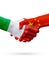 Flags Italy, China countries, partnership friendship handshake concept.