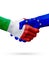 Flags Italy, European Union countries, partnership friendship handshake concept.