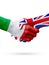 Flags Italy, United Kingdom countries, partnership friendship handshake concept.