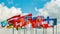 Flags. Many bright flags develop in the wind against the sky. Denmark, Latvia, Finland and others