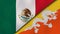 The flags of Mexico and Bhutan. News, reportage, business background. 3d illustration