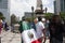 Flags of Mexico, rainbow, rainbow wreaths on the heads of people who proudly march in the demonstration for LGBTTI pride in Mexico