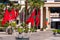 Flags of Morocco on a city street, Marrakesh, Morocco. With selective focus