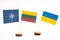 Flags of NATO, Lithuania, Ukraine and Russia. NATO summit in Vilnius, Lithuania.