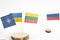 Flags of NATO, Lithuania, Ukraine and Russia. NATO summit in Vilnius, Lithuania.