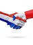Flags Netherlands, France countries, partnership friendship handshake concept.