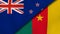The flags of New Zealand and Cameroon. News, reportage, business background. 3d illustration