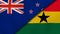 The flags of New Zealand and Ghana. News, reportage, business background. 3d illustration