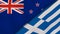 The flags of New Zealand and Greece. News, reportage, business background. 3d illustration