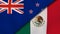 The flags of New Zealand and Mexico. News, reportage, business background. 3d illustration